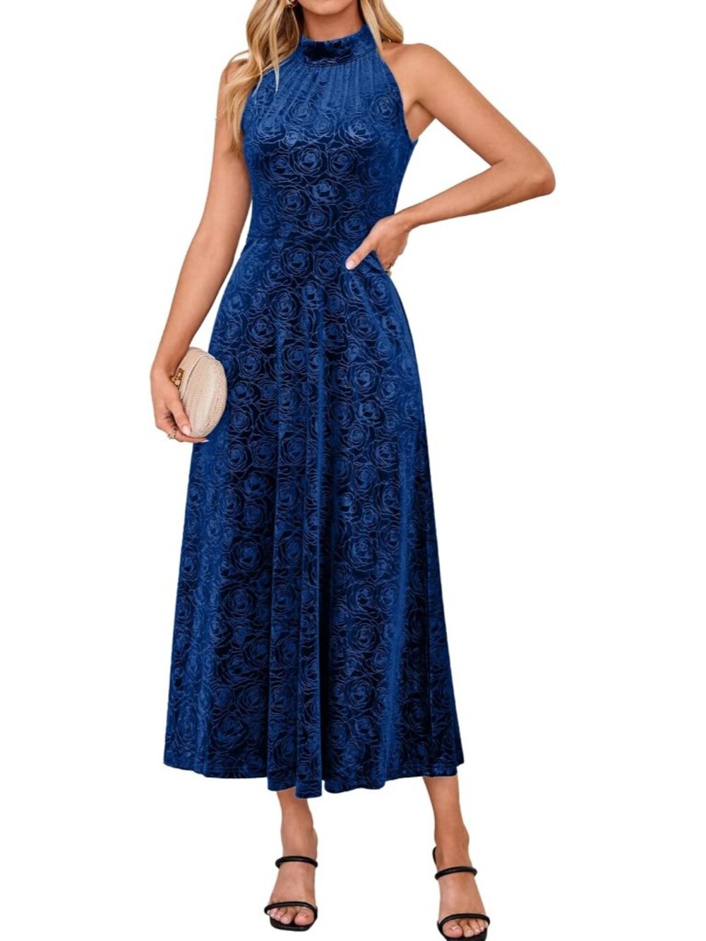 Women's Dark Blue Velvet Halter Floral Aline Sleeveless Wedding Maxi Dresses